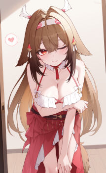 1girl ;) absurdres bare_shoulders blush breasts brown_hair closed_mouth collarbone commentary feet_out_of_frame heart highres large_breasts leaning_forward long_hair looking_at_viewer one_eye_closed origami_(poinia) paid_reward_available red_eyes red_skirt skirt smile solo spoken_heart standing tail ye_shunguang zenless_zone_zero