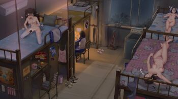 4girls air_conditioner bed black_hair breasts broom brown_hair calendar_(object) closed_eyes indoors ladder long_hair medium_breasts multiple_girls night night_sky nom-nom nude pillow poster_(object) shoes short_hair sky sleeping towel trash_can tree twintails umbrella washing_machine