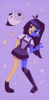 Rule 34 | 2girls, absurdres, black hair, black skirt, blue skin, colored skin, disembodied head, ena (ena), ena (series), ena (web series), geometry, happy ena, highres, long hair, low poly, math, moony (ena), multicolored skin, multiple girls, sawaropi, skirt, suspender skirt, suspenders, two-tone skin, vaporwave, vertical-striped bodysuit, yellow skin