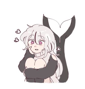 1girl artist_self-insert black_hair blush_stickers cetacean_tail chonkyorca clothing_cutout commentary cropped_legs fins fish_tail grey_hair grey_sweater hair_between_eyes hand_on_own_face hand_up highres hugging_own_legs knees_up long_sleeves multicolored_hair orca_(chonkyorca) original parted_lips puffy_long_sleeves puffy_sleeves purple_eyes shoulder_cutout simple_background sleeves_past_wrists solo streaked_hair sweater symbol-only_commentary tail turtleneck turtleneck_sweater white_background
