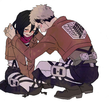 1boy 1girl bad_id bad_pixiv_id bad_tag black_hair black_legwear blush boots brown_hair closed_eyes hands_on_another's_shoulders hands_on_shoulders highres incest infidelity jacket jean_kirstein kikuabi light_brown_hair looking_at_another mikasa_ackerman military military_uniform multicolored_hair netorare netorase open_mouth out_of_character scarf seiza shingeki_no_kyojin short_hair simple_background sitting squatting strap sweatdrop tears trash two-tone_hair unfaithful white_background