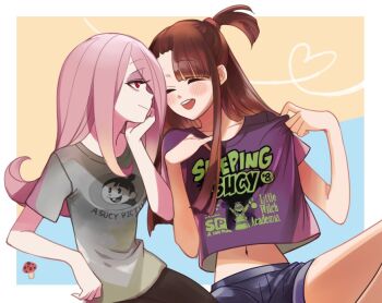 2girls blush brown_hair casual clothes_writing denim denim_shorts dexter&#039;s_laboratory english_text hair_over_one_eye kagari_atsuko leila_(yurisouls) little_witch_academia long_hair multiple_girls mushroom navel open_mouth parody pink_hair red_eyes shirt shorts smile sucy_manbavaran t-shirt yuri