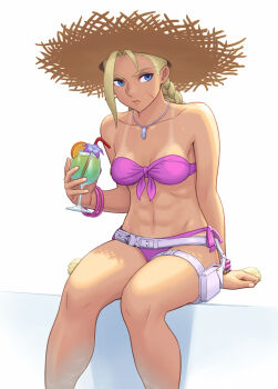 Rule 34 | 1girl, abs, bare shoulders, bikini, blue eyes, braid, breasts, cammy white, hat, lips, noppo (tarstation), scar, scar on face, sitting, straw hat, street fighter, street fighter 6, swimsuit, tan, tanline, thigh strap