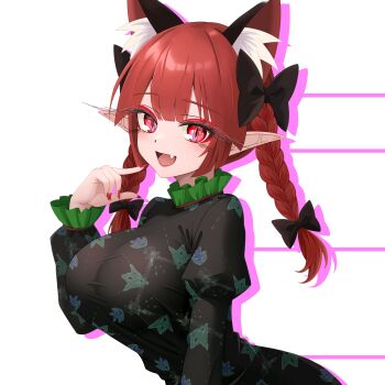 Rule 34 | 1girl, :d, absurdres, animal ear fluff, animal ears, black dress, bow, braid, breasts, cat ears, commentary request, dress, extra ears, fang, fingernails, hair bow, heart, highres, juliet sleeves, kaenbyou rin, large breasts, long eyelashes, long hair, long sleeves, looking at viewer, multiple hair bows, open mouth, pointy ears, puffy sleeves, red eyes, red hair, red nails, revision, slit pupils, smile, solo, sugar you, touhou, twin braids
