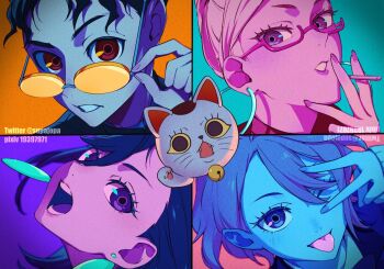 1boy 3girls 4koma ayase_momo ayase_seiko bell cat cigarette comic commentary_request dandadan earrings eyelashes glasses green_background hair_behind_ear hair_between_eyes holding holding_cigarette hoop_earrings hua_(supa_jopa) jewelry jingle_bell looking_at_viewer multiple_girls nail_polish one_eye_closed open_mouth parted_lips pink_background pixiv_id portrait purple_background round_eyewear semi-rimless_eyewear shiratori_aira_(dandadan) short_hair takakura_ken_(dandadan) tongue tongue_out turbo_granny_(dandadan) twitter_username under-rim_eyewear upper_body v yellow_background