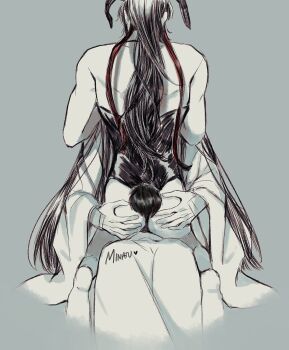 2boys alternate_costume animal_ears artist_name ass back bare_arms bare_legs bare_shoulders barefoot black_hair black_leotard chinese_clothes commentary crossdressing crossdressing_(mtf) english_commentary facing_away fake_animal_ears fake_tail from_behind grabbing_another&#039;s_ass grey_background groping hair_ribbon hands_on_another&#039;s_ass hanfu highres lan_wangji leotard long_hair long_sleeves male_focus male_playboy_bunny minataka94 modao_zushi monochrome multiple_boys playboy_bunny ponytail rabbit_ears rabbit_tail red_ribbon ribbon robe simple_background sitting sitting_on_lap sitting_on_person spot_color straddling strapless strapless_leotard tail trap very_long_hair wei_wuxian white_hanfu wide_sleeves yaoi