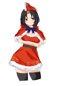 1girl absurdres bad_link black_hair black_thighhighs blue_eyes breasts brown_horns capelet cleavage crossed_arms drawfag elma_(maidragon) hat highres horns kobayashi-san_chi_no_maidragon looking_at_viewer medium_hair red_capelet red_skirt santa_hat single_horn sketch skirt solo thighhighs white_background zettai_ryouiki