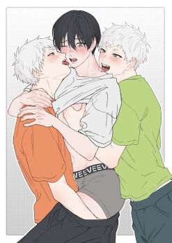 3boys absurdres bite_mark bite_mark_on_neck blood blood_on_teeth blush border boxers clothes_lift commentary_request dual_persona ear_blush from_side green_shirt grey_male_underwear group_sex hand_on_another&#039;s_chest hand_on_another&#039;s_leg highres hikaru_ga_shinda_natsu indou_hikaru indou_hikaru_(human) lifting_another&#039;s_clothes male_focus male_underwear mmm_threesome mole mole_on_cheek mole_under_eye mole_under_mouth multiple_boys multiple_moles navel neck_blush nose_blush one_eye_closed open_mouth orange_shirt outline outside_border shirt shirt_lift short_eyebrows short_hair sono_nu teeth threesome tongue tongue_out tsujinaka_yoshiki underwear undressing_another white_border white_hair white_outline yaoi