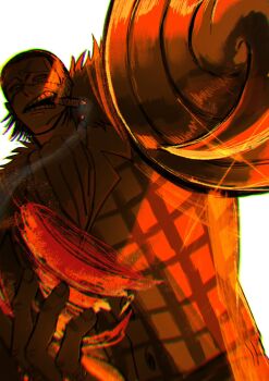 1boy arm_up ascot cigar cowboy_shot crocodile_(one_piece) devil_fruit_power fur_trim fyrthik hair_slicked_back highres hook hook_hand lapels looking_at_viewer male_focus notched_lapels one_piece outstretched_arm plaid_clothes sand scar scar_on_face simple_background solo standing teeth vest whirlwind white_background