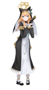 Rule 34 | 1girl, absurdres, animal ears, black coat, black shoes, black veil, blue archive, blue eyes, blue neckerchief, braid, coat, commentary, desert eagle, dress, ears through headwear, flower, gun, hair flower, hair ornament, halo, handgun, highres, holding, holding gun, holding weapon, long hair, mari (blue archive), neckerchief, nun, orange hair, sailor collar, shoes, sidelocks, single braid, socks, solo, veil, weapon, white dress, white flower, white sailor collar, white socks, xiaoxiaoyifan, yellow halo