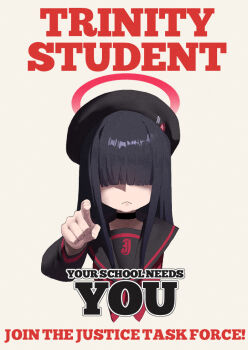 1girl black_hair black_sailor_collar blue_archive blunt_bangs closed_mouth commentary_request english_text frown fuka_(kantoku) hair_over_eyes halo justice_task_force_member_(blue_archive) long_bangs long_hair lord_kitchener_wants_you pointing pointing_at_viewer poster_(medium) propaganda red_halo sailor_collar simple_background solo upper_body