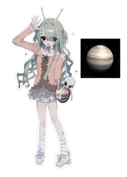 1girl absurdres alien alien_hair_ornament bag black_eyes commentary frilled_shirt_collar frilled_skirt frills full_body grey_hair hand_up handbag hayu_(hayu0305) highres jupiter_(planet) looking_at_viewer loose_socks miniskirt open_mouth original pink_shirt shirt skirt smile socks standing symbol-only_commentary