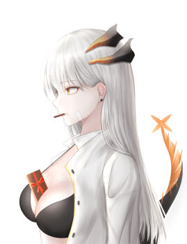 Rule 34 | 1girl, absurdres, arknights, breasts, cleavage, dragon girl, dragon horns, dragon tail, food, food in mouth, grey hair, highres, horns, long hair, looking at another, medium breasts, open clothes, open shirt, orange eyes, parted lips, pocky, pocky in mouth, profile, saria (arknights), shirt, solo, tail, upper body, white background, white shirt, woon