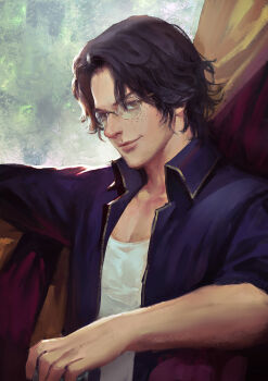 1boy black_hair blue_shirt brown_eyes closed_mouth commentary_request glasses highres kdash looking_at_viewer male_focus one_piece open_clothes open_shirt pectoral_cleavage pectorals portgas_d._ace realistic shirt short_hair solo upper_body white_shirt
