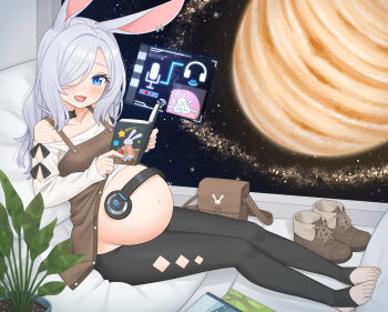 1girl :d animal_ears bag black_pantyhose blue_eyes blush breasts commission full_body hair_over_one_eye headphones highres holographic_interface indoors jarael_(rayer) long_sleeves mao_lian_(nekokao) medium_breasts navel open_mouth original pantyhose pixiv_commission planet plant potted_plant pregnant pregnant_loli rabbit_ears reading science_fiction sitting smile solo space spacecraft_interior stirrup_legwear toeless_legwear toes unworn_footwear window