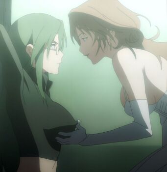 2girls angry anime_screenshot arms_behind_head asougi_rin bodysuit breasts brown_hair cleavage covered_erect_nipples dress glasses grabbing_another's_breast green_eyes green_hair groping large_breasts leaning_forward long_hair looking_at_another makeup midriff mnemosyne multiple_girls sideboob smile stitched third-party_edit tied yamnobe_sayara yuri