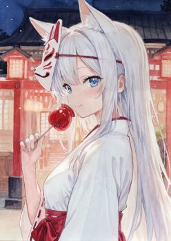 1girl absurdres animal_ear_fluff animal_ears ayane_(ayaneiroaya) blue_eyes blush breasts candy_apple commentary food fox_mask highres holding holding_candy_apple holding_food japanese_clothes kimono lantern long_hair looking_at_viewer looking_to_the_side mask mask_on_head miko night original outdoors painting_(medium) shrine small_breasts smile solo swept_bangs traditional_media watercolor_(medium) white_kimono witch