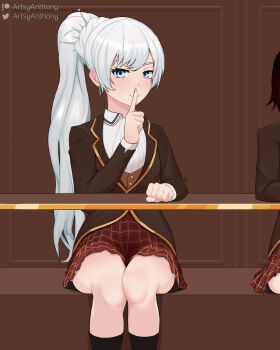 2girls arm_rest artsyanthony black_jacket black_socks blazer blue_eyes closed_mouth desk finger_to_mouth gold_trim high_ponytail highres index_finger_raised jacket long_hair looking_at_viewer miniskirt multiple_girls plaid_clothes plaid_skirt ponytail ruby_rose rwby scar scar_across_eye scar_on_face school_uniform shirt shushing sitting skirt smile socks solo_focus thighs very_long_hair weiss_schnee white_hair white_shirt