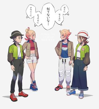2boys 2girls black_hair black_hat black_pants blonde_hair blue_pants blue_shoes brown_hair brown_jacket bwntk_918 closed_mouth commentary_request gradient_hair grey_background hair_bun hand_on_own_hip harmony_(pokemon) hat highres jacket looking_at_another midriff multicolored_hair multiple_boys multiple_girls nintendo open_clothes open_jacket pants paxton_(pokemon) pink_hair pocket pokemon pokemon_legends:_z-a profile red_shoes red_sweater ribbed_sweater shirt shoes shorts simple_background single_hair_bun speech_bubble sweater taunie_(pokemon) thought_bubble translation_request turtleneck turtleneck_sweater urbain_(pokemon) white_hat white_pants white_shirt white_shorts