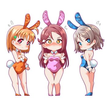 3girls absurdres ahoge animal_ear_hairband animal_ears ass backless_leotard bare_legs bare_shoulders blue_eyes blue_hairband blue_leotard blue_shoes blush breasts chokkakudo cleavage clenched_hands clover_hair_ornament commentary_request covered_navel deformed detached_collar embarrassed fake_animal_ears fake_tail flying_sweatdrops full_body grey_hair hair_ornament hairband high_heels highres legs leotard long_hair looking_at_viewer love_live! love_live!_sunshine!! medium_breasts multiple_girls necktie nose_blush orange_eyes orange_hair orange_hairband orange_leotard orange_necktie orange_shoes pink_hairband pink_leotard pink_necktie pink_shoes rabbit_ear_hairband rabbit_ears rabbit_tail red_eyes red_hair sakurauchi_riko shoes simple_background strapless strapless_leotard tail takami_chika thighs v-shaped_eyebrows watanabe_you white_background white_wrist_cuffs wrist_cuffs