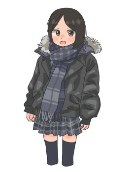 1girl :d blush brown_eyes brown_scarf fringe_trim hare_(tsooy18pjwdw21h) highres jacket long_hair long_sleeves looking_at_viewer open_mouth original parted_bangs plaid_clothes plaid_scarf plaid_skirt pleated_skirt scarf skirt smile solo standing thighhighs white_background