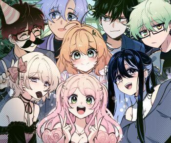 4boys 4girls ahoge bare_shoulders black_choker black_hair blonde_hair blue_eyes blue_hair blush bow breasts brown_hair chocolate choker choppy_bangs cleavage closed_eyes closed_mouth commentary double-parted_bangs double_v dress english_commentary fake_facial_hair fake_mustache fingernails freckles glasses green_eyes green_hair grey_dress grey_eyes hair_between_eyes hair_bow hands_up hat heterochromia highres jewelry long_hair looking_at_another looking_at_viewer mole mole_under_eye mouth_hold multiple_boys multiple_girls necklace open_mouth original parted_bangs party_hat pink_bow pink_hair plant_on_head purple_eyes ribbon_choker ryuuxin sadie_(ryuuxin) short_hair small_sweatdrop smile v yellow_eyes