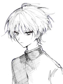 1boy alternate_costume arms_at_sides blunt_ends closed_mouth contemporary crosshatching ego_(ego_inp) eyelashes eyeliner eyeshadow gakuran genshin_impact greyscale hatching_(texture) highres jacket looking_at_viewer makeup male_focus monochrome portrait red_eyeliner red_eyeshadow scaramouche_(genshin_impact) school_uniform solo spot_color tsurime white_background wispy_bangs