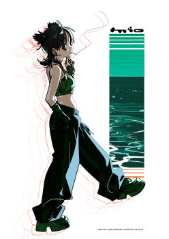 1girl cigarette crop_top from_side hand_in_pocket mikuchi_sunkuo original pants short_hair solo walking