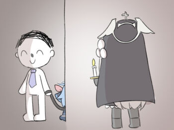 Rule 34 | 1boy, 2girls, ako (blue archive), all fours, black dress, black gloves, blue archive, blue jacket, boots, brown hair, candle, chibi, closed eyes, closed mouth, commentary request, doodle sensei (blue archive), dress, fire, gloves, grey boots, grey pantyhose, halo, jacket, long hair, long sleeves, miranofuudoria, multiple girls, necktie, pantyhose, pet play, purple necktie, sakurako (blue archive), sensei (blue archive), smile, standing, veil, very long hair