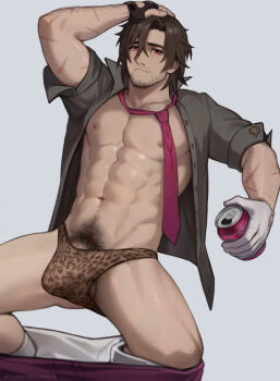 1boy abs animal_print bara brown_gloves can clothes_pull commentary cross_scar drink_can english_commentary fingerless_gloves furry furry_male gallagher_(honkai:_star_rail) gloves grey_shirt highres holding holding_can honkai:_star_rail honkai_(series) looking_at_viewer male_focus male_underwear multiple_scars muscular muscular_male navel necktie nipples open_clothes open_shirt pants pants_pull pectorals penis penis_peek pubic_hair red_eyes red_necktie scar scar_on_arm shirt sylvein testicles underwear white_gloves
