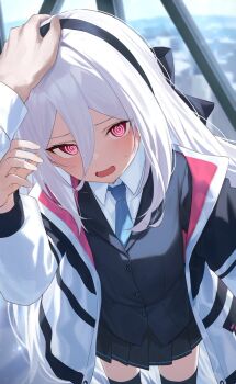 Rule 34 | 1girl, 1other, @ @, black bow, black hairband, black skirt, black thighhighs, black vest, blue archive, blue necktie, blush, bow, check commentary, collared shirt, commentary request, dot nose, embarrassed, hair between eyes, hairband, headpat, highres, jacket, kei (blue archive), kei (new body) (blue archive), kuchisode, long hair, long hair between eyes, necktie, open clothes, open jacket, open mouth, peanut mouth, pleated skirt, shirt, skirt, sweatdrop, thighhighs, very long hair, vest, white hair, white jacket, white shirt, zettai ryouiki