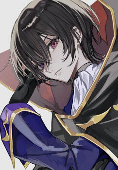 1boy ascot black_gloves black_hair cape code_geass geass gloves highres lelouch_vi_britannia looking_at_viewer male_focus purple_eyes sho_(sho_oe4) short_hair simple_background solo white_background zero_(code_geass)