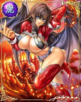 1girl bastard!! blue_eyes boots breasts brown_hair card_(medium) demon_wings detached_collar detached_sleeves earrings feet female_focus fingerless_gloves fire garter_belt garter_straps gloves hell high_heel_boots high_heels jewelry large_breasts long_hair looking_at_viewer mobage porno_dianno skull smile solo thigh_boots thighhighs tongue tongue_out wings