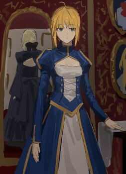 2girls absurdres ahoge artoria_pendragon_(fate) black_dress blonde_hair blue_dress different_reflection dress dual_persona fate/stay_night fate_(series) fgo_gwa half-dressed_in_the_mirror_(meme) highres looking_at_viewer meme multiple_girls reflection saber_(fate) saber_alter