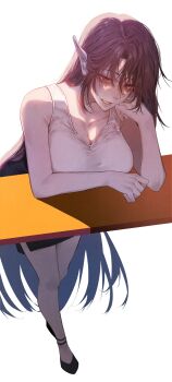 Rule 34 | 1girl, absurdres, bare arms, bare shoulders, black footwear, black hair, black skirt, breasts, brown hair, cleavage, collarbone, elf, full body, hand on own face, head rest, highres, hplay, large breasts, long hair, looking at viewer, parted lips, pencil skirt, pointy ears, red eyes, simple background, skirt, smile, solo, standing, tank top, very long hair, white background, white tank top