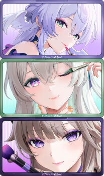 3girls applying_makeup applying_own_makeup blue_pupils commentary_request copyright_name cosmetics eyeliner eyeshadow firefly_(honkai:_star_rail) green_eyeshadow grey_hair head_wings herta_(honkai:_star_rail) highres holding holding_brush holding_lipstick_tube holding_makeup_brush honkai:_star_rail honkai_(series) kottungyang lipstick lipstick_tube looking_at_viewer makeup makeup_brush multiple_girls nail_polish one_eye_closed orange_nails pink_lips purple_eyes purple_hair robin_(honkai:_star_rail) smile the_herta_(honkai:_star_rail) upper_body white_wings wings
