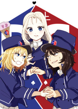 andou_(girls_und_panzer) arai_ako bc_freedom_(emblem) bc_freedom_military_uniform blonde_hair commentary_request dark-skinned_female dark_skin emblem girls_und_panzer hand_fan highres holding holding_fan long_hair looking_at_viewer marie_(girls_und_panzer) multiple_girls oshida_(girls_und_panzer) tongue tongue_out
