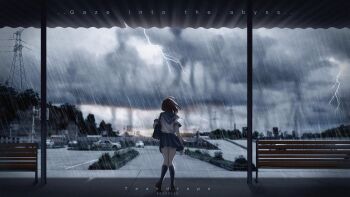 1girl absurdres artist_name bag bench black_bag black_socks blue_sailor_collar blue_skirt bus_stop car cloud cloudy_sky commentary_request dated english_text from_behind giant hand_up highres knees_together_feet_apart lightning looking_ahead monster motor_vehicle original outdoors pleated_skirt power_lines rain road sailor_collar school_uniform shirt short_sleeves shoulder_bag shoulder_strap skirt sky socks solo standing teardrops_(user_vgvd7733) tree utility_pole white_shirt wide_shot wooden_bench