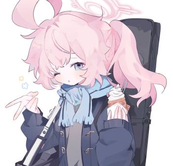 Rule 34 | 1girl, ahoge, aqua necktie, artist name, backpack, bag, black bag, blue archive, blue coat, blue eyes, blue scarf, closed mouth, coat, commentary, duffel coat, floating hair, food, grey sweater, gyaru v, halo, hand up, holding, holding ice cream cone, hoshino (blue archive), hoshino (second year) (blue archive), ice cream, ice cream cone, imaichichan, instagram username, light blush, long hair, long sleeves, looking at viewer, necktie, one eye closed, open clothes, open coat, parted lips, pink hair, pink halo, ponytail, scarf, shoulder bag, sidelocks, simple background, sleeves past wrists, solo, striped clothes, striped scarf, sweater, twitter username, upper body, v, white background