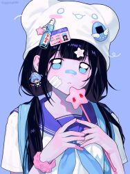 Rule 34 | 1girl, :&lt;, aegyo sal, alternate art style, animal ear headwear, artist name, backpack, bad arm, bag, blue bag, blue eyes, blue neckerchief, blue sailor collar, blunt bangs, chibi, chibi inset, commentary, double-parted bangs, fake animal ears, gyuing666, hair over shoulder, hands up, hat, hat ornament, highres, holding, holding wand, long hair, looking at viewer, low-tied long hair, neckerchief, open hands, original, own fingers together, pink scrunchie, portrait, purple background, sailor collar, scrunchie, shadow, shirt, short sleeves, simple background, solo, star wand, strap, symbol-only commentary, tamagotchi (virtual pet), twintails, unkempt, wand, white hat, white shirt, wrist scrunchie