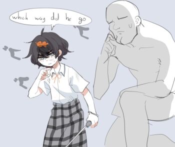 1girl artist_self-insert sophie_(popopoka) english_text grey_background original plaid_clothes plaid_skirt popopoka skirt speech_bubble tagme