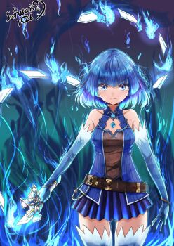 1girl bare_shoulders belt blue_eyes blue_hair breasts brighid_(xenoblade) brighid_(xenoblade)_(cosplay) cosplay crying dark-skinned_female dark_skin dress elbow_gloves fire gloves looking_at_viewer medium_breasts medium_hair sena_(xenoblade) short_dress sofusan1526 thighhighs xenoblade_chronicles_(series) xenoblade_chronicles_2 xenoblade_chronicles_3