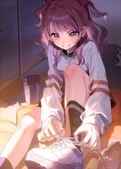 1girl black_socks blush cup foot_out_of_frame gakuen_idolmaster hanami_saki hashtag-only_commentary highres idolmaster jacket long_hair long_sleeves looking_at_viewer nyum purple_eyes red_hair shoes sitting sneakers socks solo track_jacket two_side_up tying_footwear white_jacket white_shoes zipper