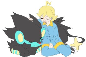 Rule 34 | 1boy, :d, absurdres, ahoge, black shoes, blonde hair, blue jumpsuit, clemont (pokemon), closed eyes, commentary request, gen 4 pokemon, glasses, hand up, highres, jumpsuit, korean commentary, long sleeves, luxray, male focus, nintendo, open mouth, pokemon, pokemon (creature), pokesudal, round eyewear, shoes, sitting, smile