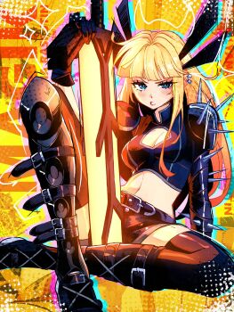 1girl absurdres armor belt black_belt black_boots black_gloves black_shirt black_shorts black_thighhighs blonde_hair blue_eyes blunt_bangs boots breasts cleavage cleavage_cutout clothing_cutout commentary cropped_shirt earrings english_commentary gloves glowing glowing_sword glowing_weapon highres jewelry knee_pads long_hair looking_at_viewer magik_(x-men) marvel marvel_rivals medium_breasts midriff navel parted_lips pauldrons planted planted_sword planted_weapon shirt shorts shoulder_armor sitting solo spiked_pauldrons spikes sword thighhighs weapon x-men yagirevart yellow_background