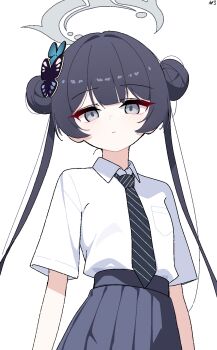 1girl black_hair black_necktie black_skirt blue_archive butterfly_hair_ornament collared_shirt diagonal-striped_clothes diagonal-striped_necktie double_bun grey_eyes grey_halo hair_bun hair_ornament halo highres kisaki_(blue_archive) kisaki_(school_uniform)_(blue_archive) lmg7811 long_hair looking_at_viewer necktie official_alternate_costume pleated_skirt school_uniform shirt shirt_tucked_in short_sleeves simple_background skirt solo striped_clothes twintails upper_body white_background white_shirt