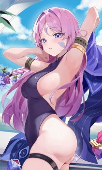1girl arm_up armpits artist_request ass bare_shoulders blue_sky blush breasts citlali_(genshin_impact) cloud commission female_focus genshin_impact highres large_breasts leotard long_hair looking_at_viewer outdoors purple_eyes purple_hair purple_leotard skeb_commission sky solo standing thigh_strap