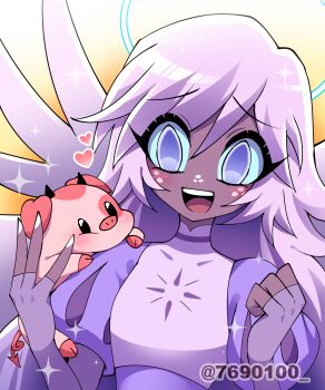 1girl :d absurdres angel angel_wings animal animal_on_shoulder blue_sclera blush clenched_hand colored_sclera commentary_request dark-skinned_female dark_skin elbow_gloves emily_(hazbin_hotel) fat_nuggets fewer_digits fingerless_gloves freckles gloves grey_eyes grey_gloves halo hands_up hazbin_hotel heart hellaverse highres looking_at_animal menattou nail_polish open_mouth pig puff_and_slash_sleeves puffy_short_sleeves puffy_sleeves purple_hair purple_shirt raised_inner_eyebrows shirt short_sleeves simple_background smile solo sparkle tareme teeth tongue turtleneck turtleneck_shirt upper_body upper_teeth_only white_halo white_nails white_wings wings yellow_background