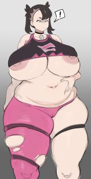 ! 1girl absurdres alternate_breast_size_(larger) alternate_size belly belly_grab black_choker black_hair black_shirt breasts cameltoe choker crop_top earrings green_eyes grey_background hair_horns hair_ribbon hand_on_own_stomach highres huge_breasts hwanh jewelry large_areolae marnie_(pokemon) navel nintendo nipple_slip nipples pants pendant_choker pink_pants plump pokemon pokemon_swsh red_ribbon ribbon shaded_face shirt short_hair single_leg_pants skindentation solo spoken_exclamation_mark standing tank_top thick_thighs thigh_strap thighs torn_clothes torn_pants underboob