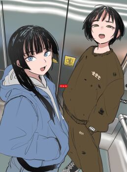 2girls air_kon black_hair blue_eyes blue_jacket brown_eyes brown_pants brown_sweater dirty dirty_clothes elevator elevator_door eyelashes hand_in_pocket highres hood hooded_jacket indoors jacket long_hair long_sleeves looking_at_viewer mole mole_under_eye multiple_girls open_mouth original pants railing short_hair sign standing sweater